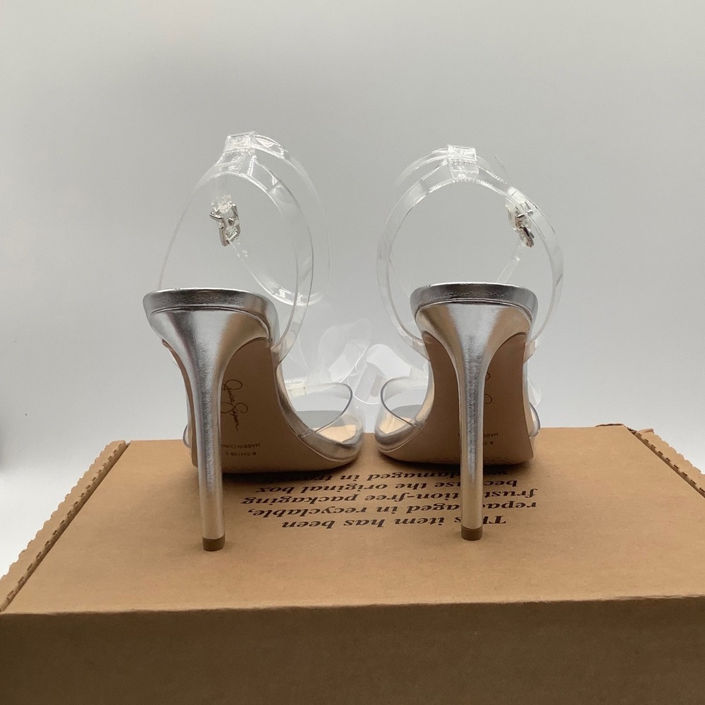 Jessica Simpson Silver Metallic Clear PVC Bow Ankle Strap Stiletto Heels 8.5M - Picture 3 of 6